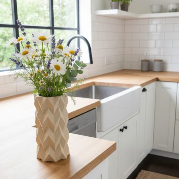 BioVase Tessera garni de marguerites et de lavande dans une cuisine