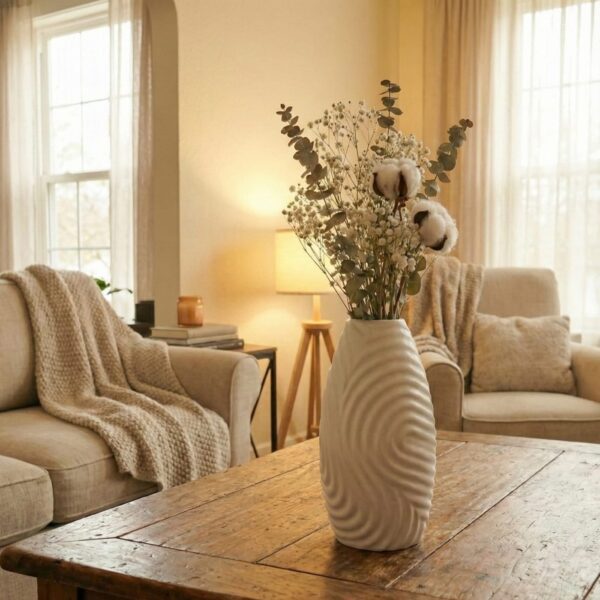 BioVase Tacta garni de coton et d’eucalyptus sur une table de salon