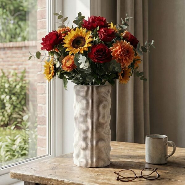 BioVase Argila Lamina garni de tournesols et de roses rouges